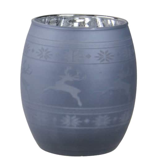 3.5" Winter Reindeer & Nordic Frosted Glass Votive Candle Holder, Light Blue